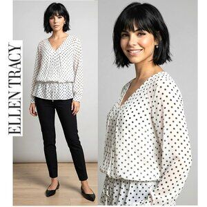 (3 for $30) ELLEN TRACY - Cream polka dot peplum blouse